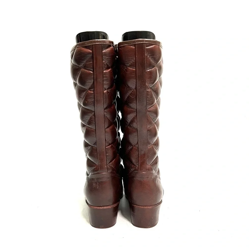 Vintage 1970s brown vegan leather quilted fleece lined knee high rain boots
